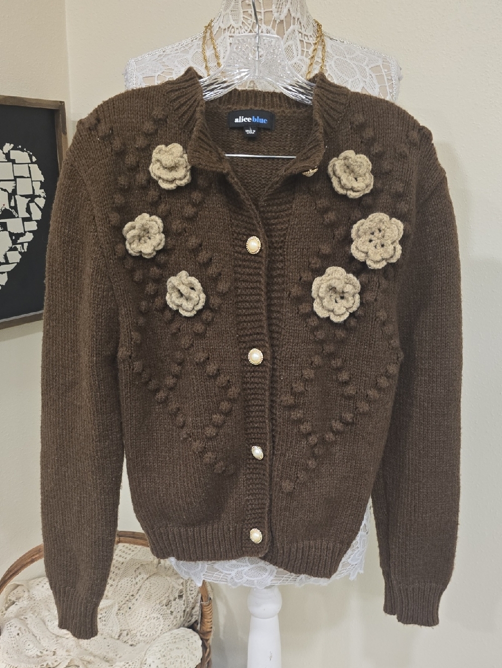 Alice Blue Adorable Crochet Flowers  Puffed Knitted Granny Sweater Cardigan